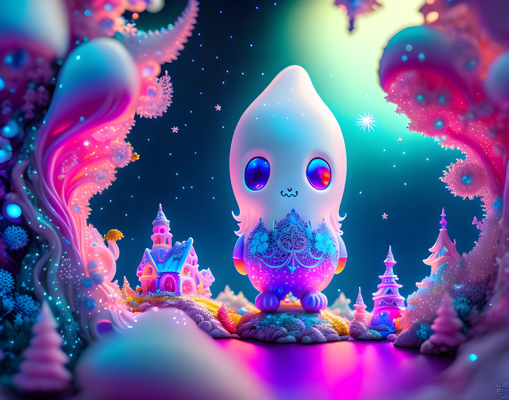 Whimsical creature among vibrant coral-like structures