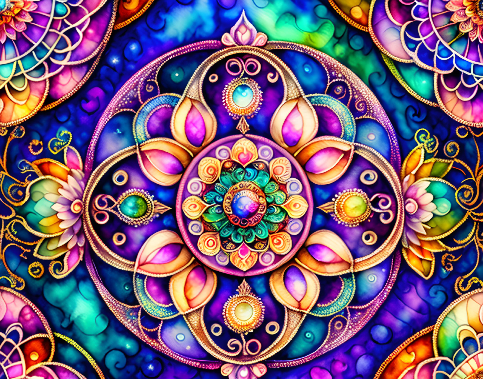 Colorful Mandala with Gem-like Embellishments on Blue Background