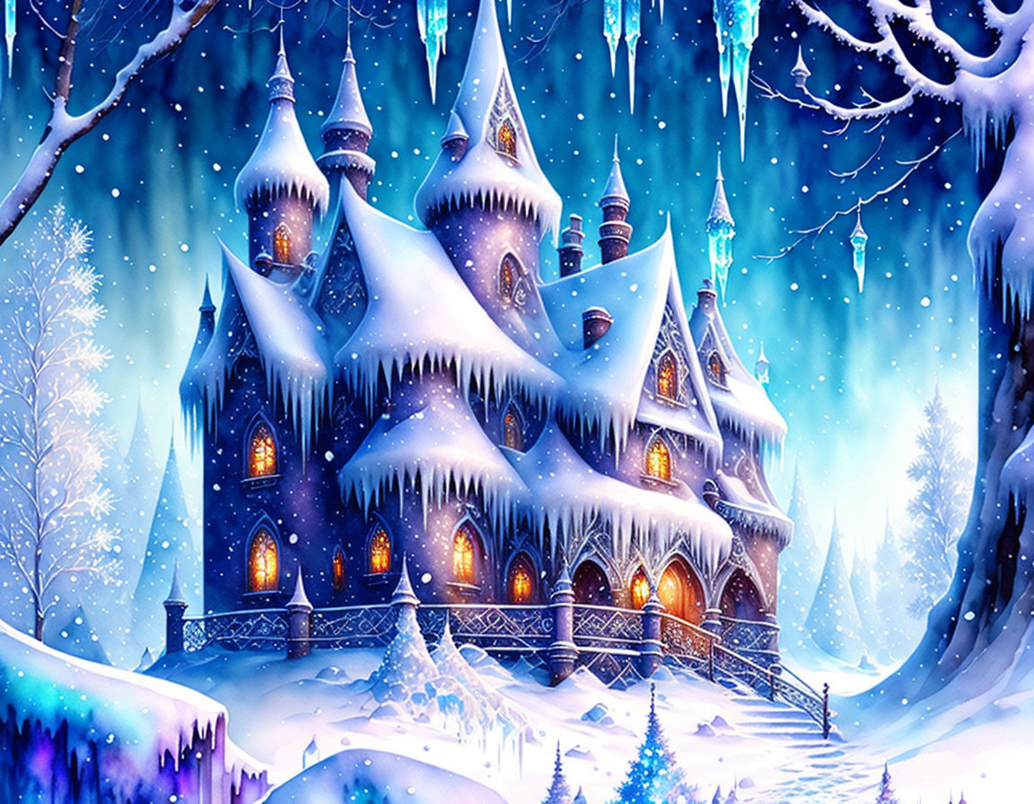 Snow-covered castle in magical winter forest.