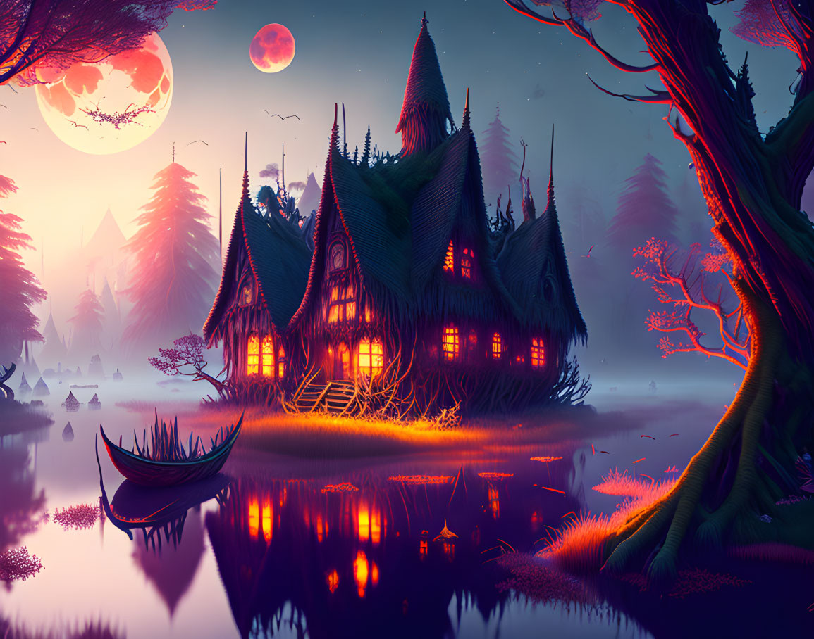 Fantasy landscape with glowing cottage, dual moons, and silhouetted trees