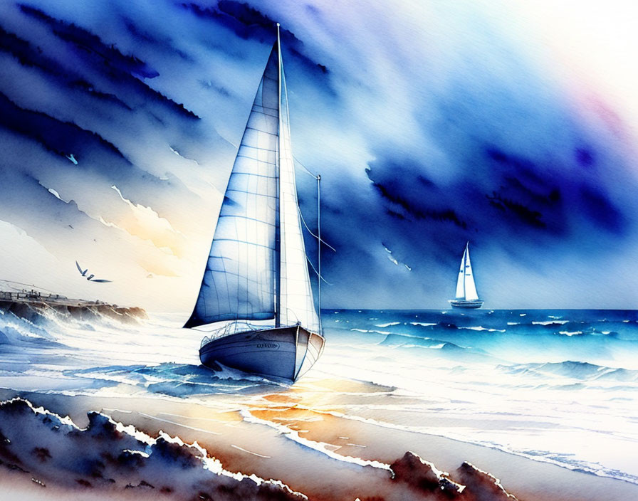 Serene sea watercolor painting with sailboat, waves, cloudy sky, seagulls, and