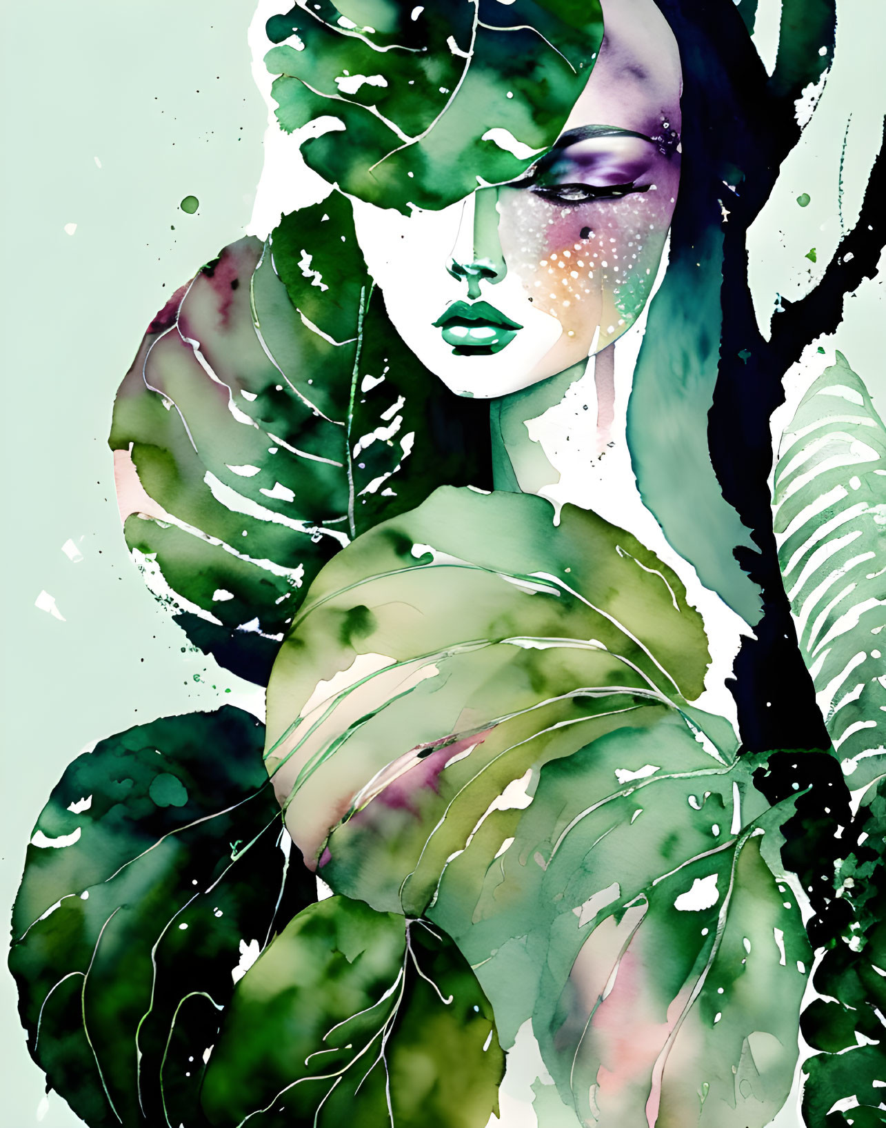 Woman's face with green leaves in watercolor art