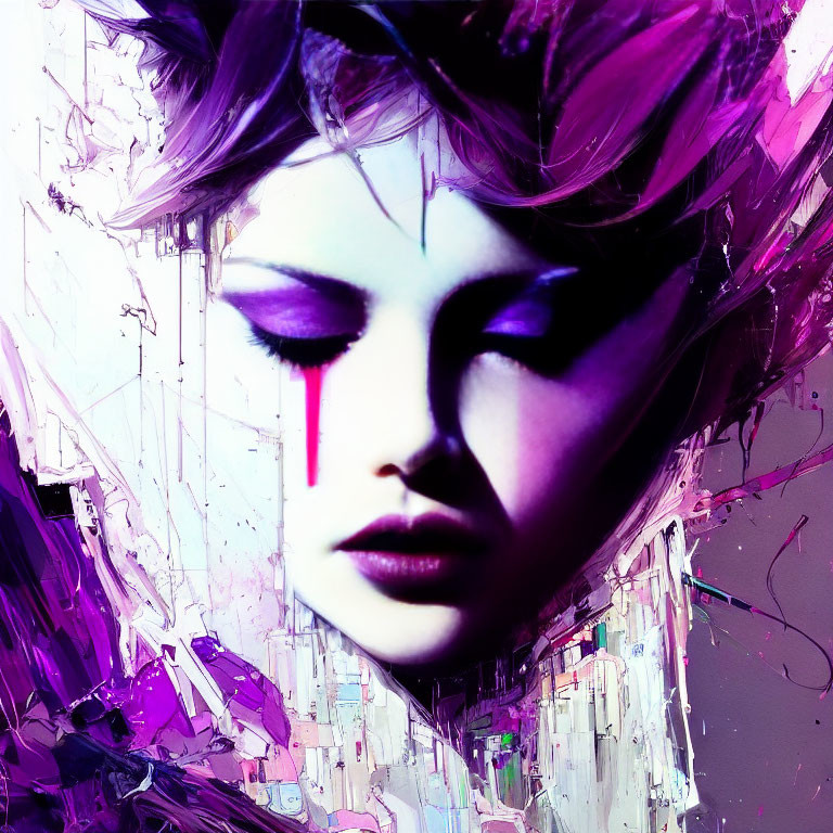 Colorful digital artwork: Woman's face with purple hues and tear.