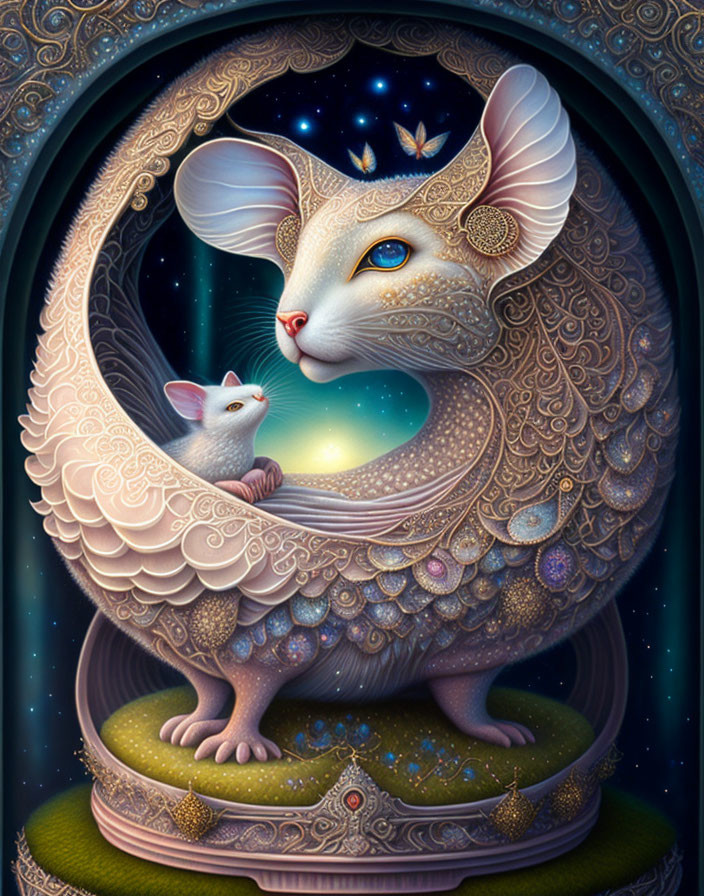 Fantastical image of large stylized mouse embracing smaller mouse in decorative frame under starry sky