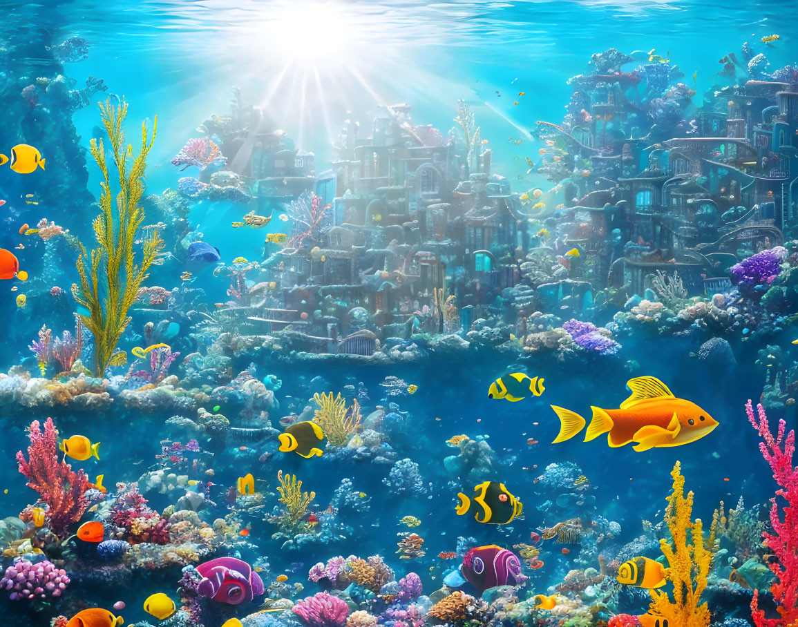 Colorful coral, fish, and fantasy castle in vibrant underwater scene