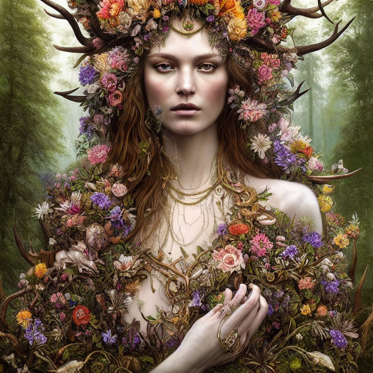 Woman in Floral Crown Surrounded by Greenery Embodies Nature Fantasy