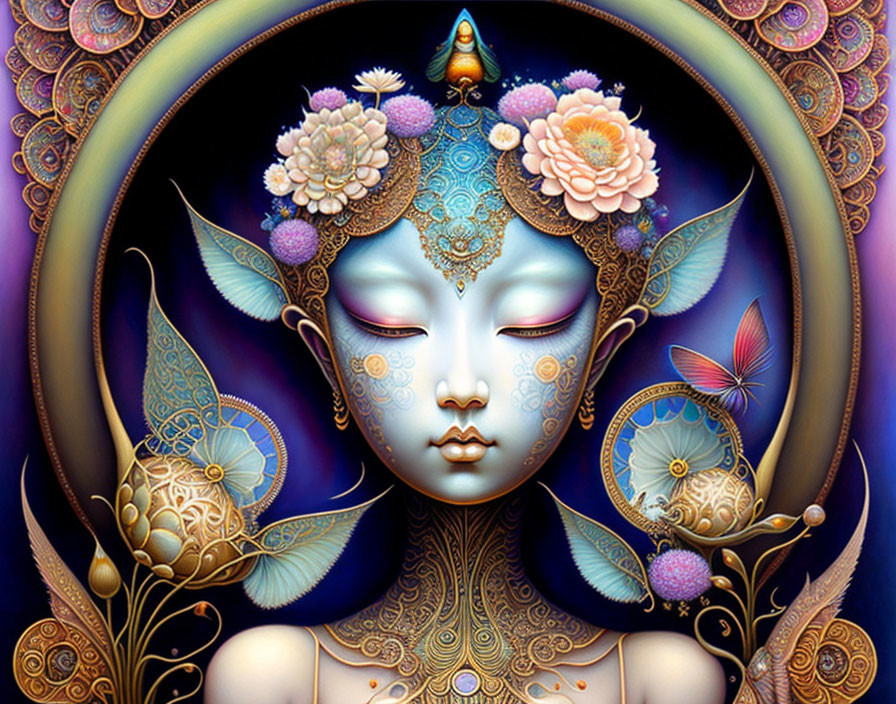 Detailed illustration of serene face with intricate patterns and butterflies