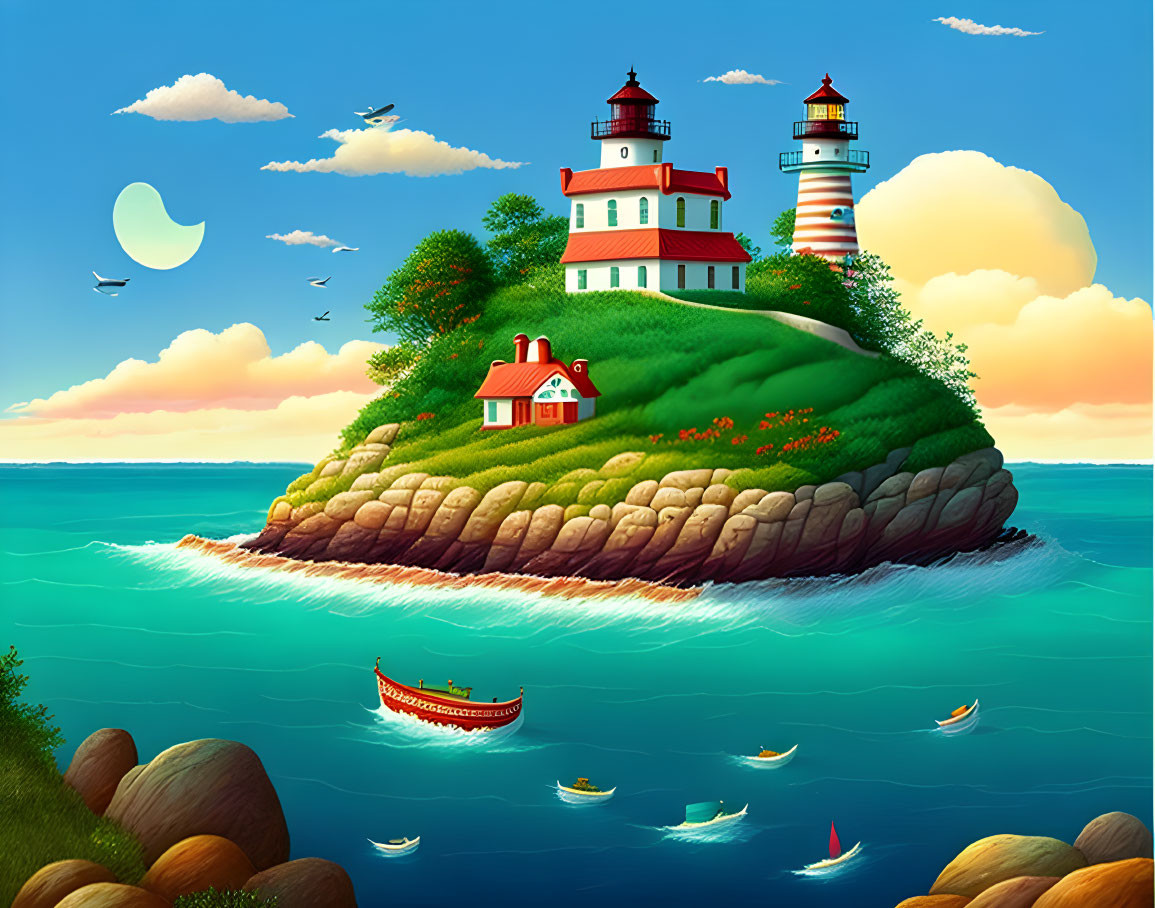 Coastal scene with two lighthouses, boats, birds, and serene atmosphere.