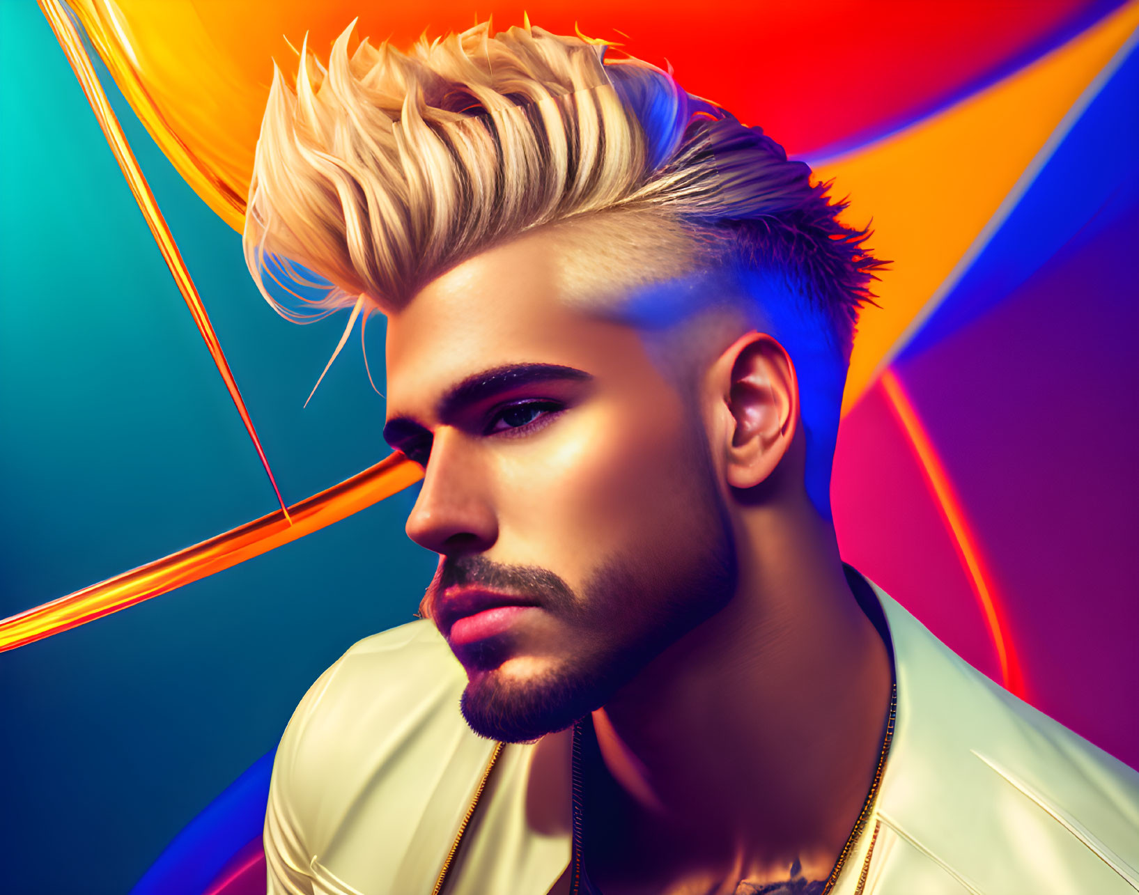 Vibrant neon background with modern man portrait.