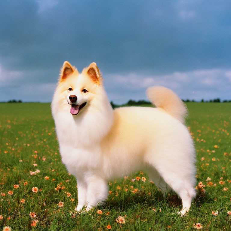 Fluffy White Dog with Orange Markings in Sunny Field