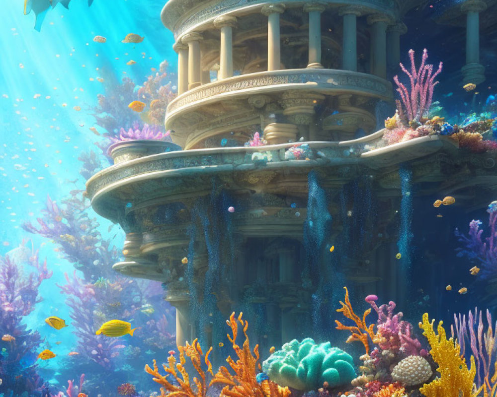 Sunken classical building in colorful coral reef with tropical fish