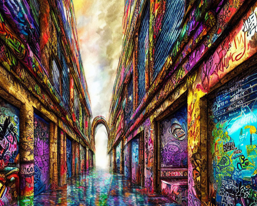 Colorful graffiti art on vibrant street under sunset sky