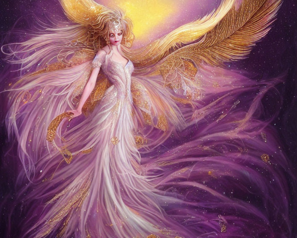 Ethereal winged figure in golden accents and flowing purple gown.