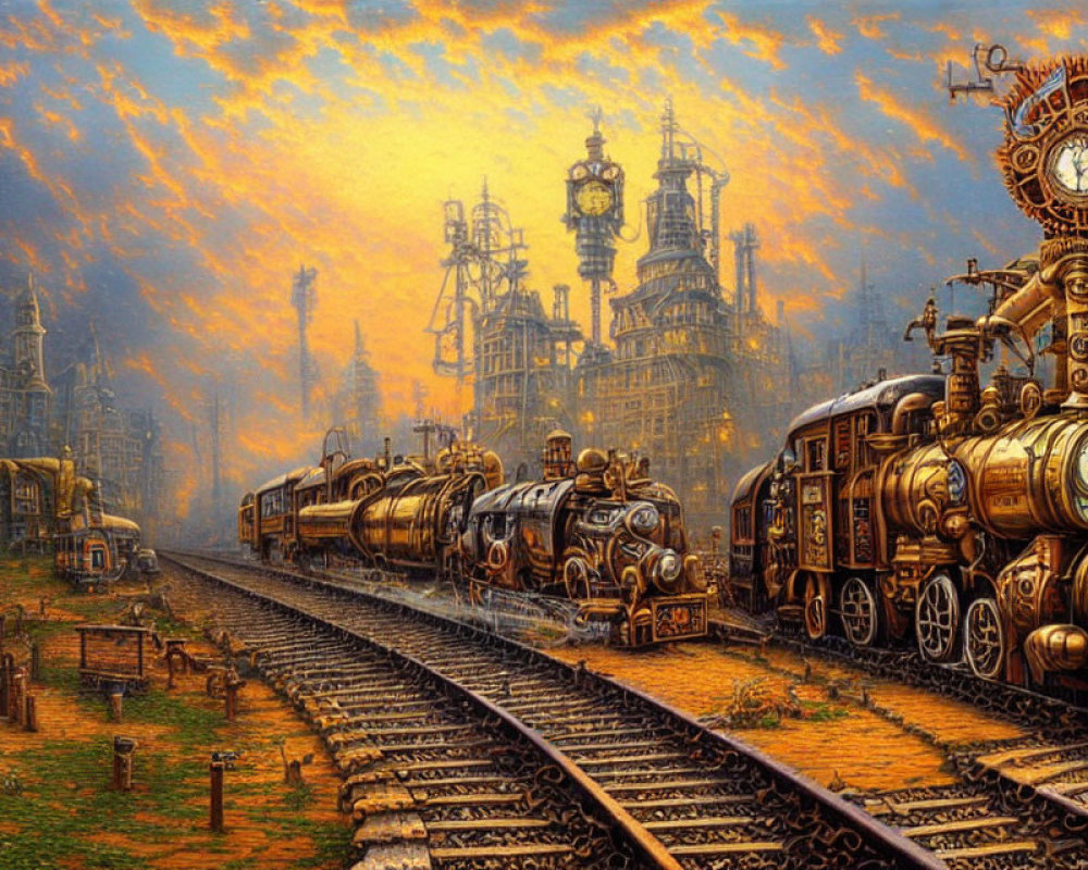 Steampunk cityscape illustration with intricate steam engines and orange cloudy sky