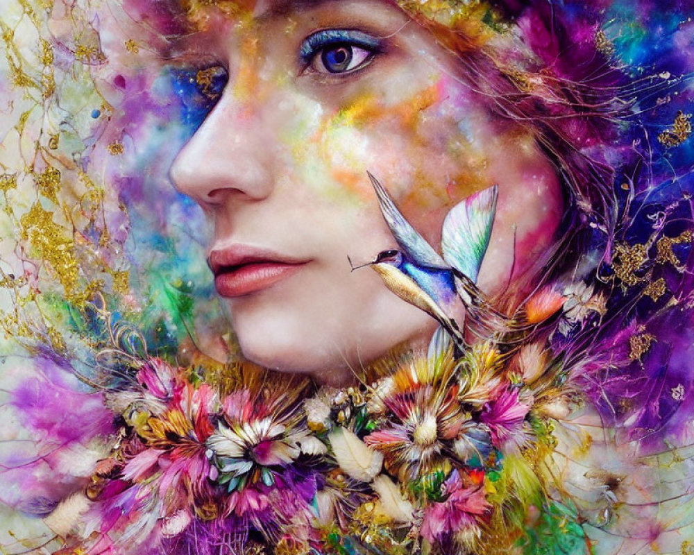 Colorful portrait of a woman with a hummingbird in a dreamlike setting