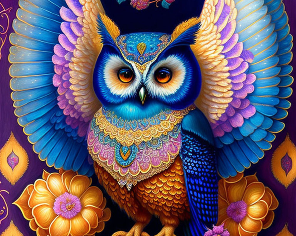 Colorful Stylized Owl with Large Eyes and Intricate Patterns on Purple Floral Background