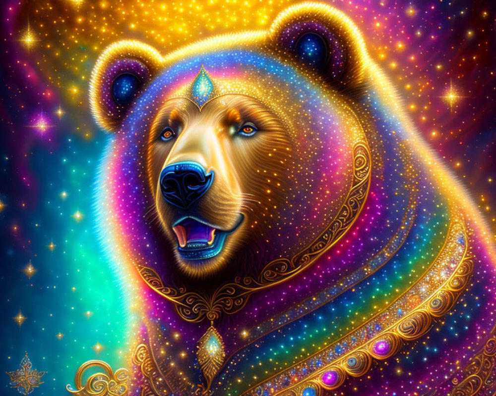 Colorful Bear Artwork with Cosmic and Gemstone Elements