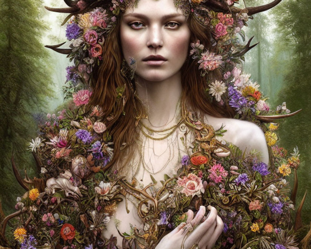 Woman in Floral Crown Surrounded by Greenery Embodies Nature Fantasy