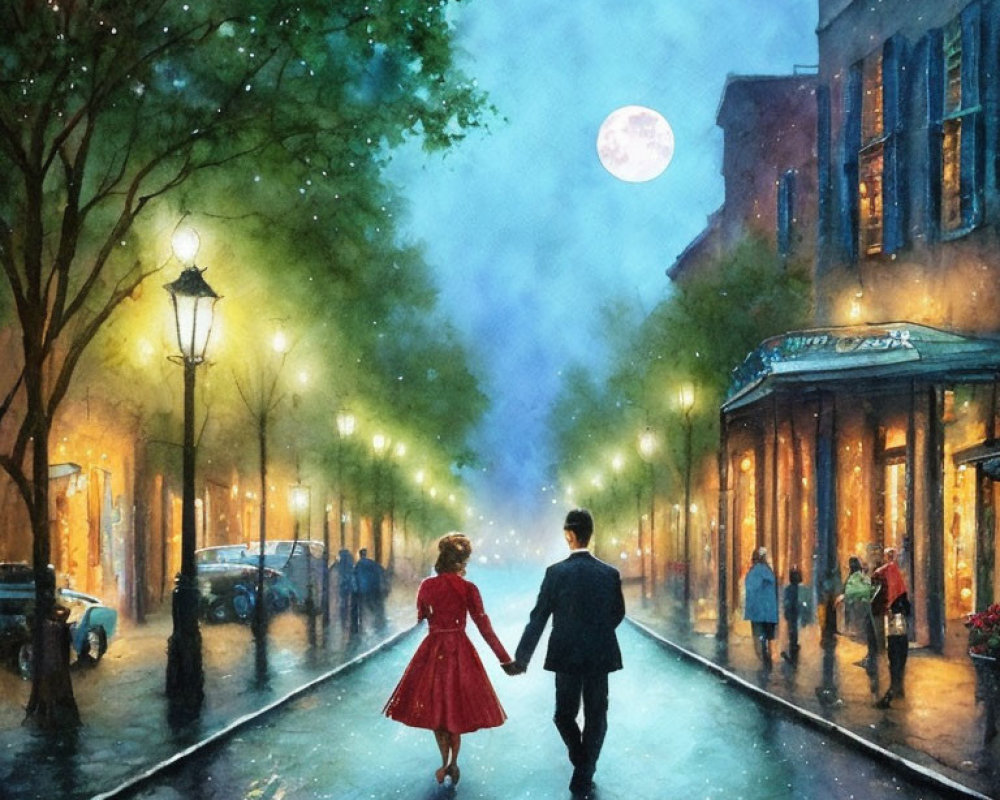 Romantic couple walking on rain-kissed street under moonlight