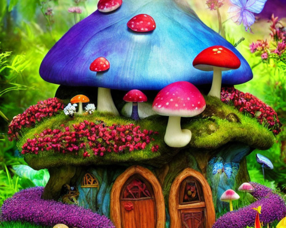 Colorful Fantasy Mushroom House Surrounded by Flowers and Butterflies