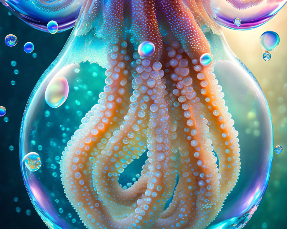 Colorful digital artwork featuring intricate jellyfish patterns in underwater scene