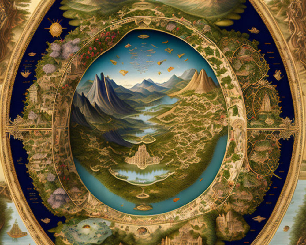 Detailed Oval Fantasy Map with Mountains, Forests, and Mythical Creatures