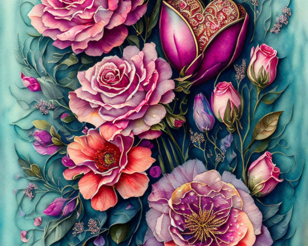 Detailed illustration of vibrant roses and heart with pink hues on teal background