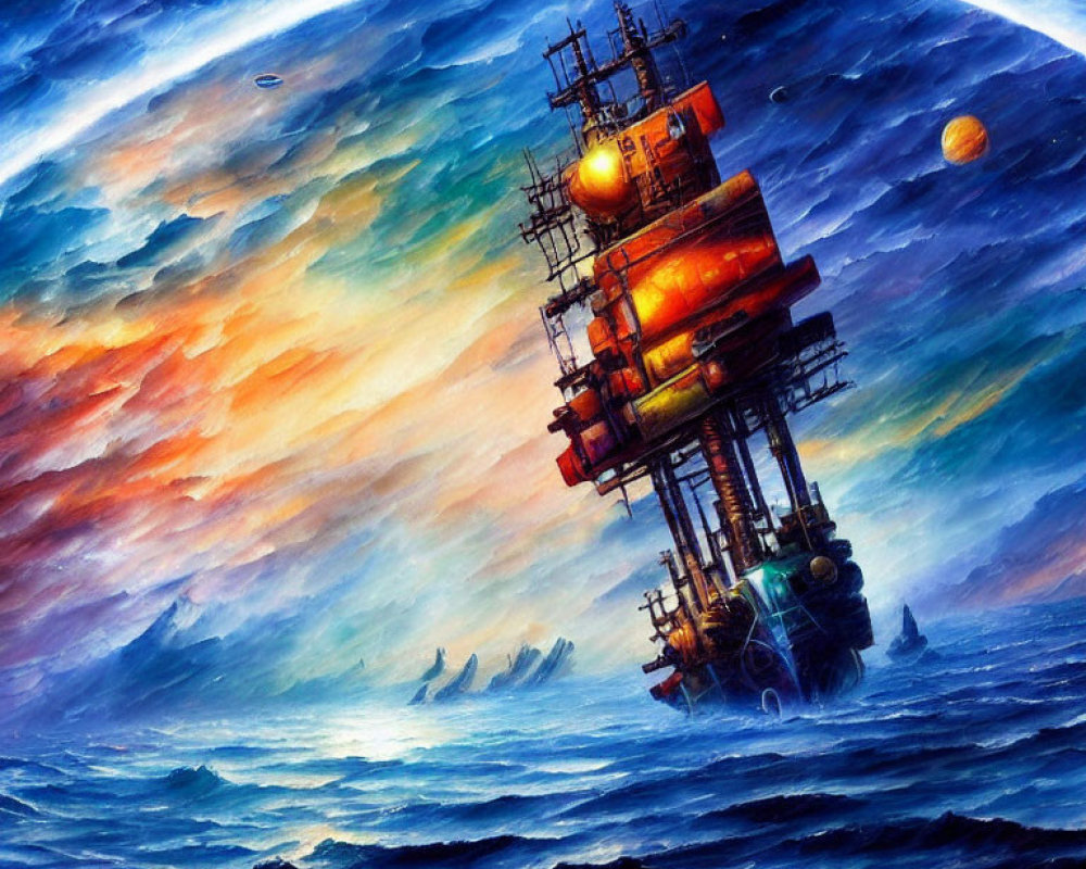 Oil rig towering over ocean with swirling clouds, distant planet, and sailing boats