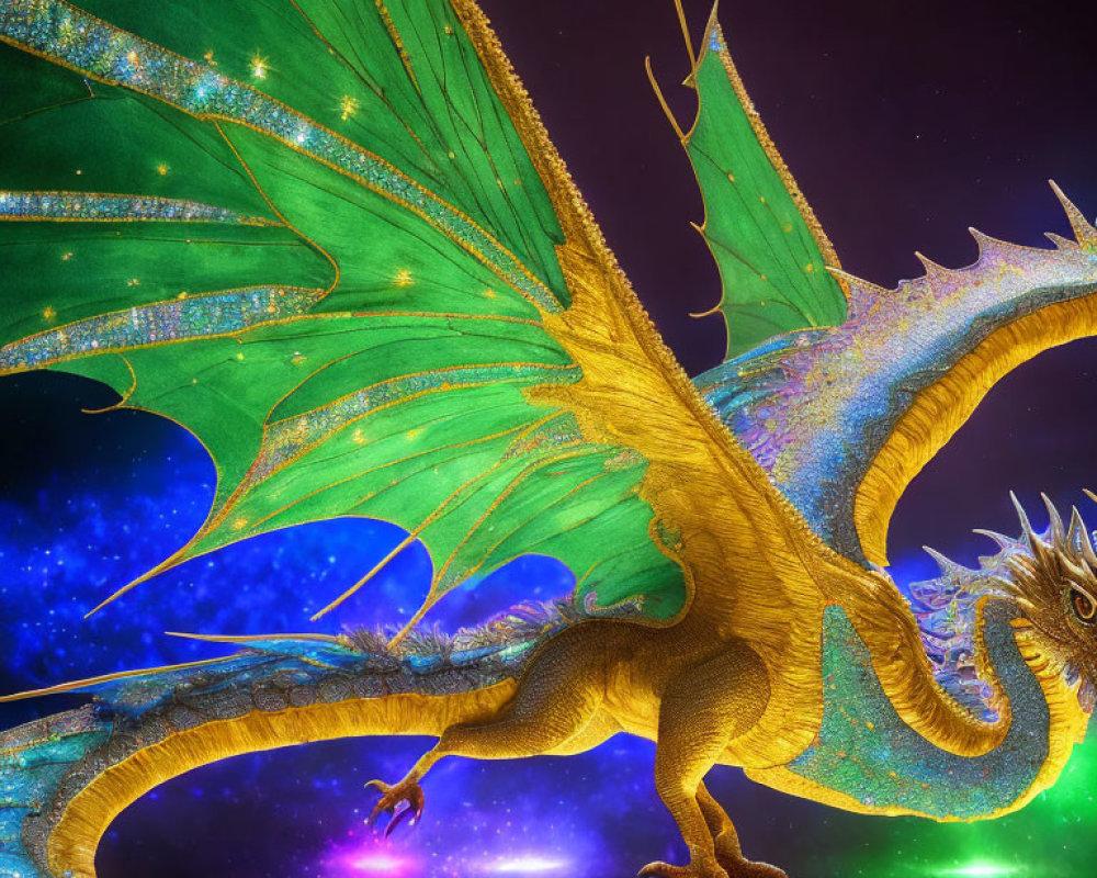 Detailed illustration of majestic dragon with green wings in cosmic background