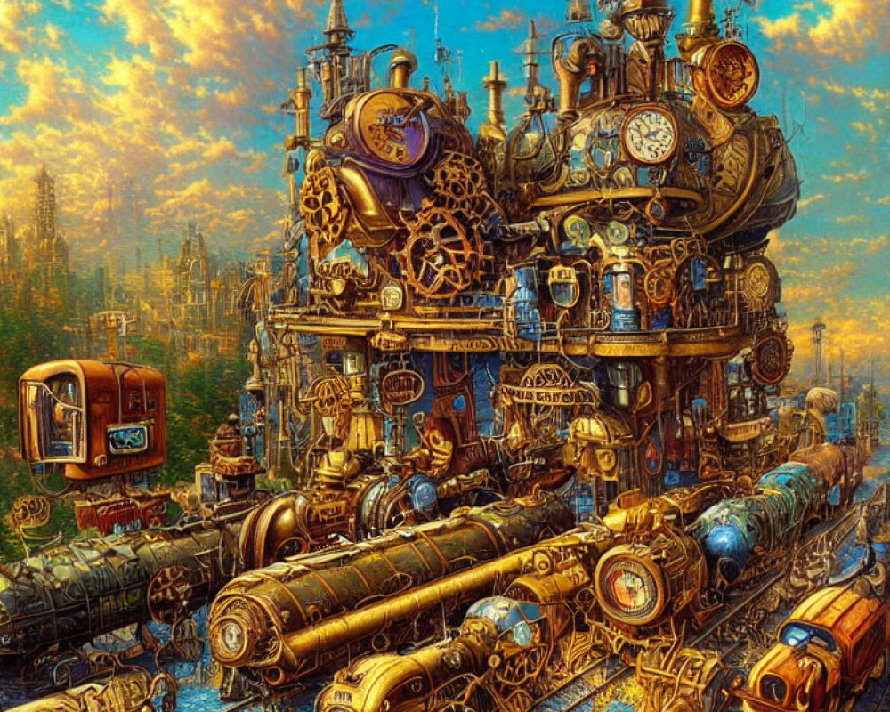 Steampunk train with clocks, gears, and pipes in golden landscape