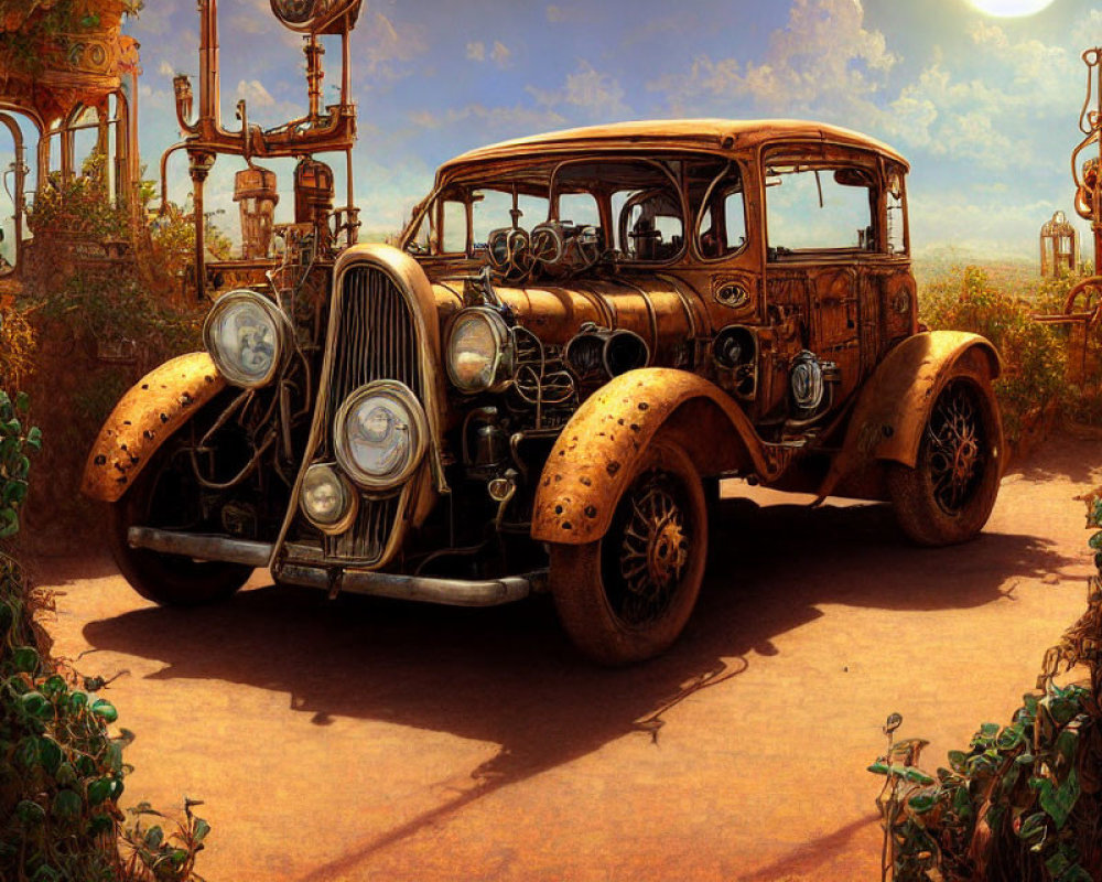 Detailed vintage car on dusty terrain with steampunk machinery and warm sky