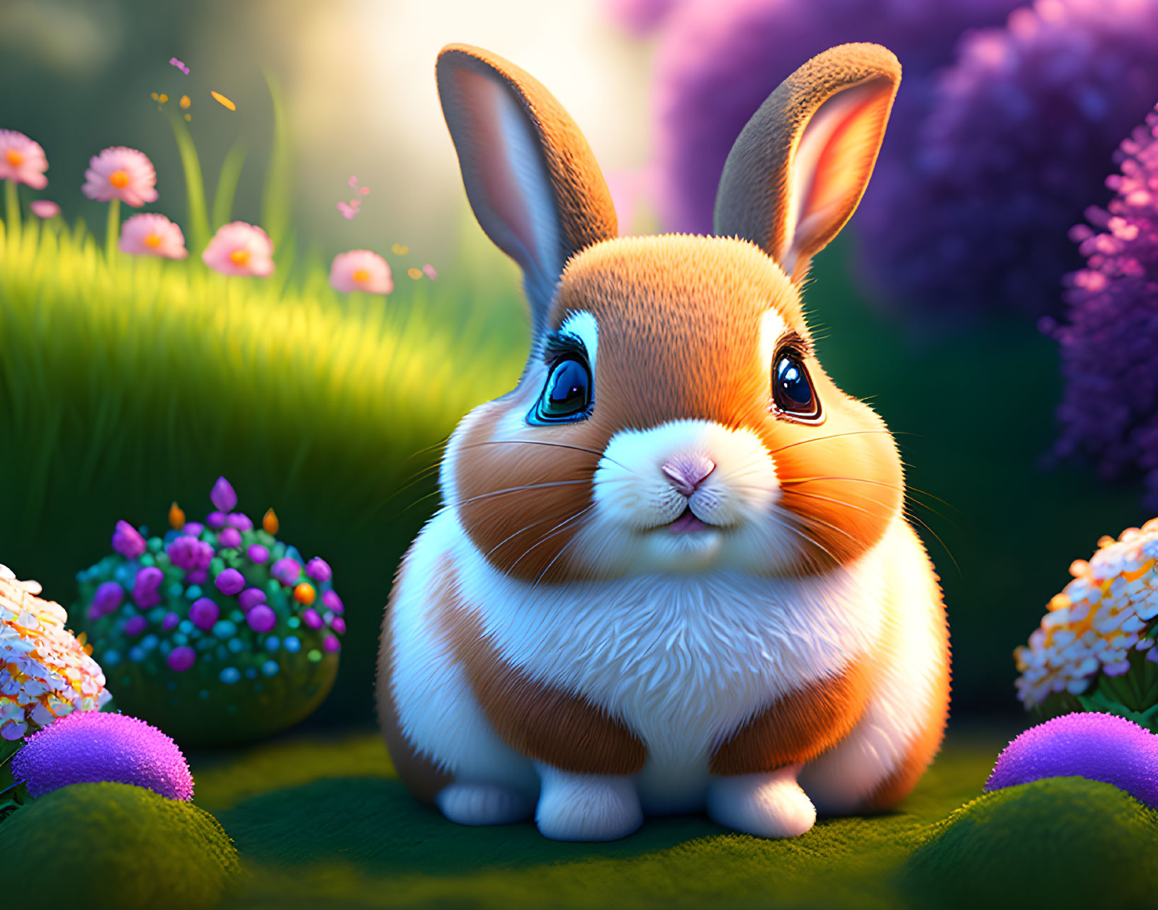 Fluffy bunny with blue eyes in colorful flower setting