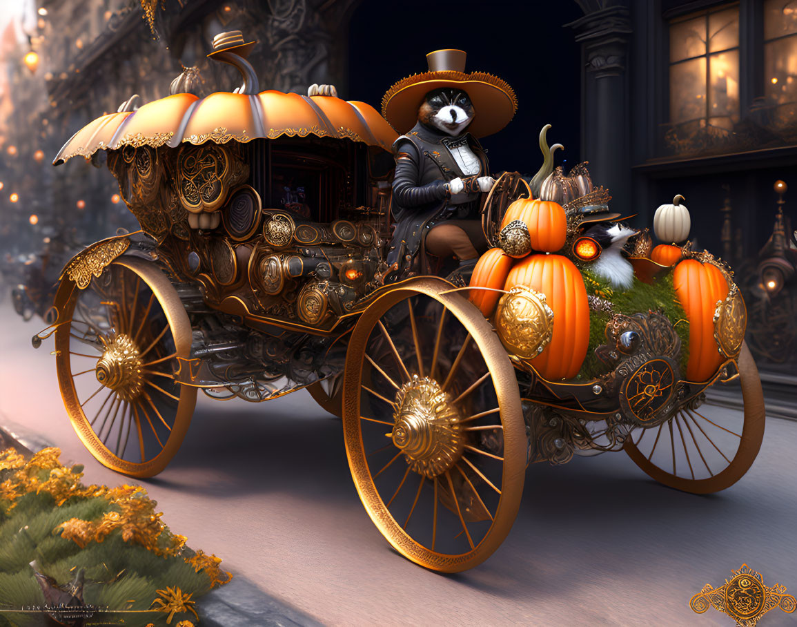 Anthropomorphic raccoon in fancy outfit driving pumpkin-shaped carriage at twilight