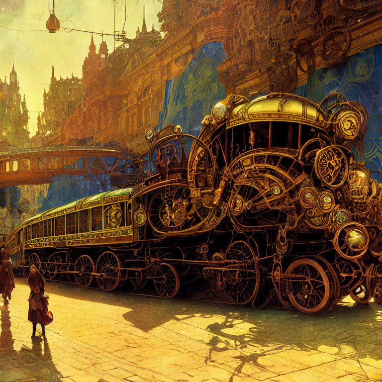 Steampunk-style train in vintage cityscape with individuals in period attire