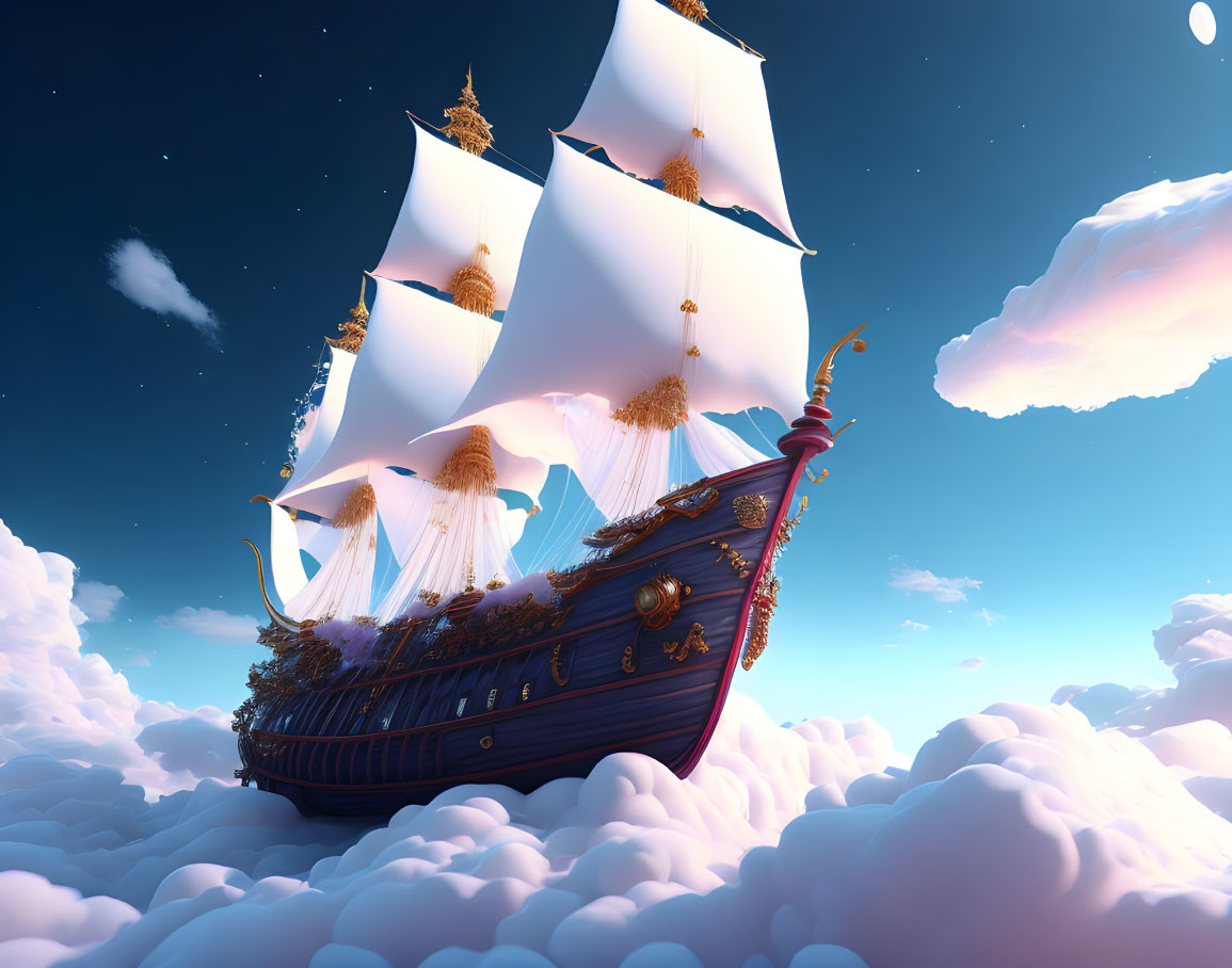 Fantastical ship sailing on fluffy clouds in blue sky