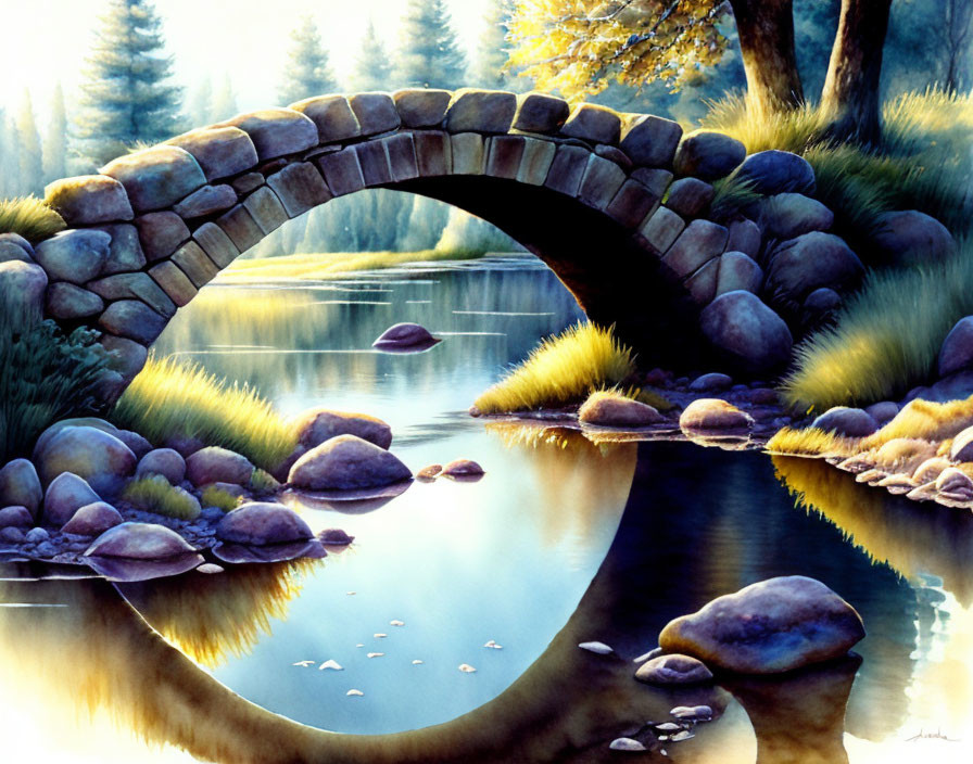 Tranquil landscape: stone bridge over stream, lush trees, rocks reflected.