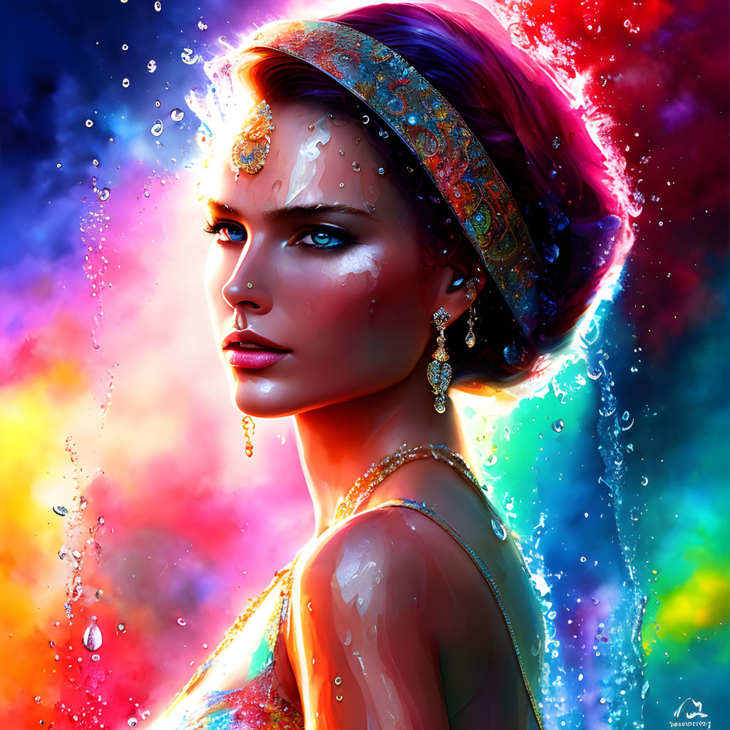 Vibrant digital portrait of a woman with blue eyes in colorful attire