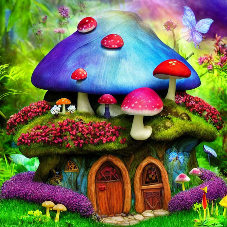 Colorful Fantasy Mushroom House Surrounded by Flowers and Butterflies