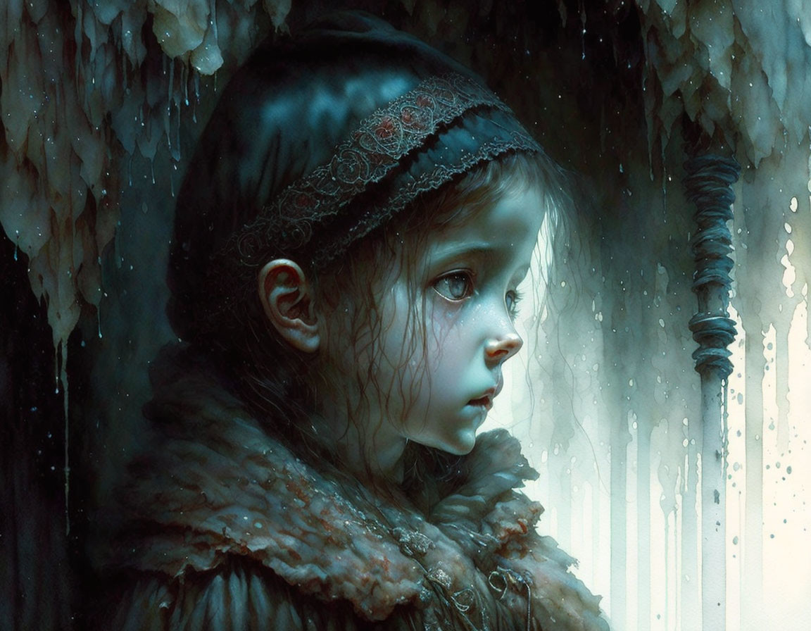 Melancholic painting of young girl in dark coat with rain and icicles.