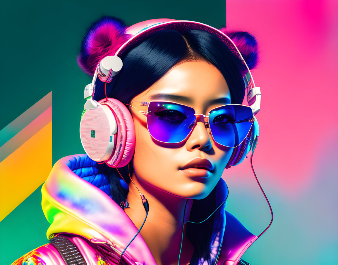 Colorful sunglasses and pink headphones on stylish woman in vibrant background