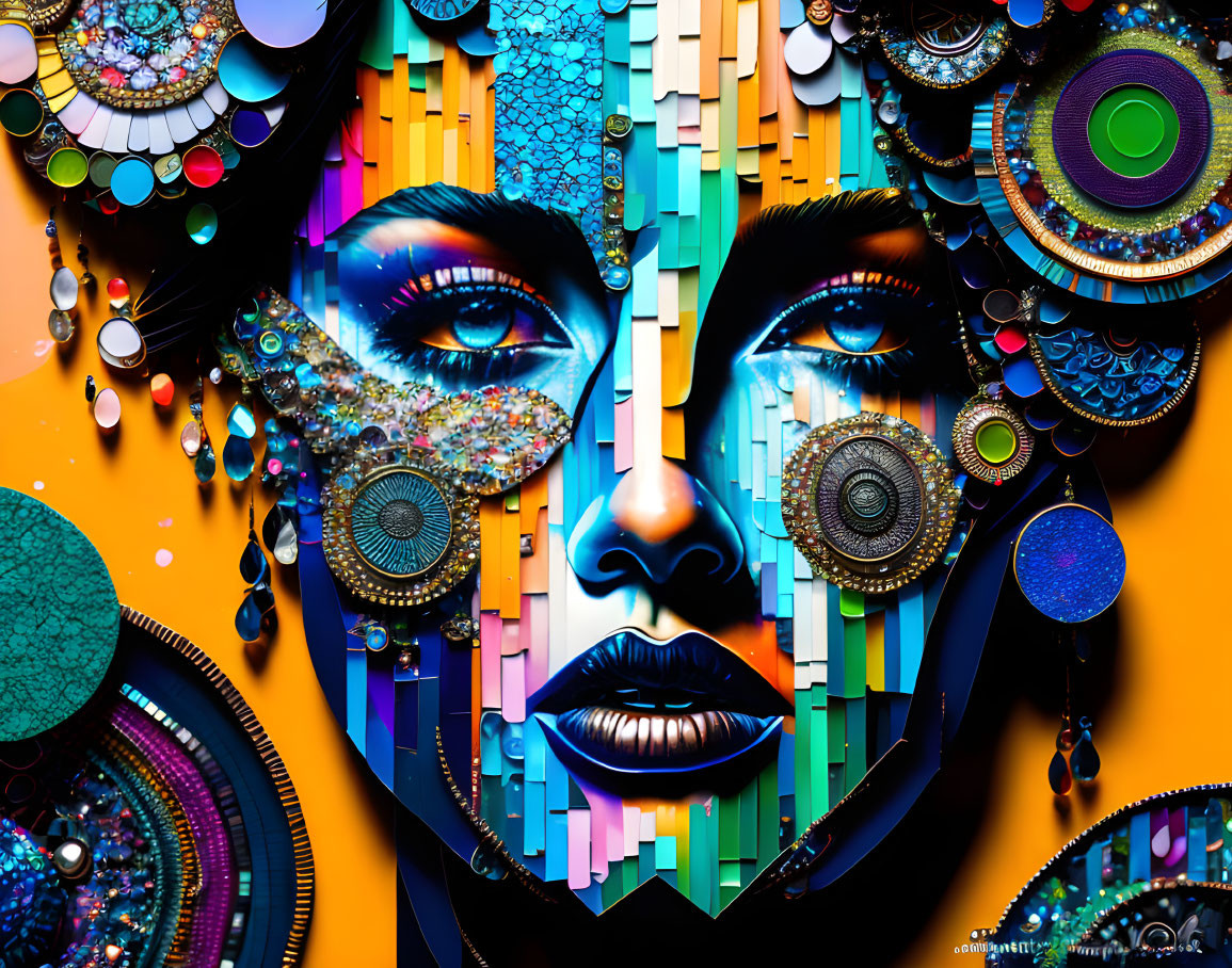 Colorful mosaic design of a woman's face with intricate patterns