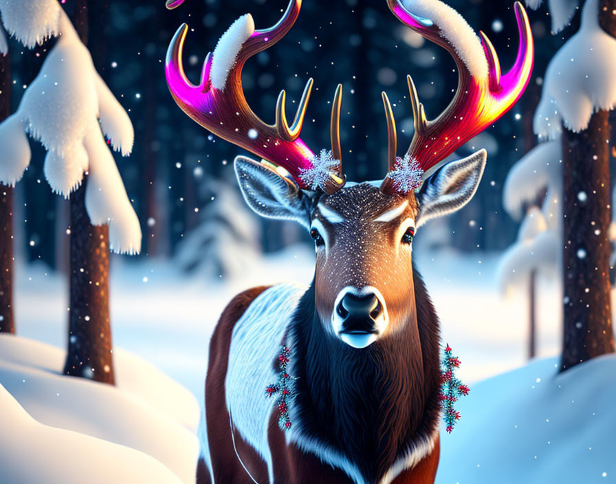 Festive reindeer with glowing antlers in snowy forest at night