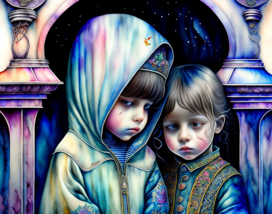 Solemn children in ornate garments under starry sky