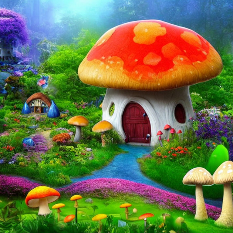 Fantasy landscape with mushroom house and lush greenery