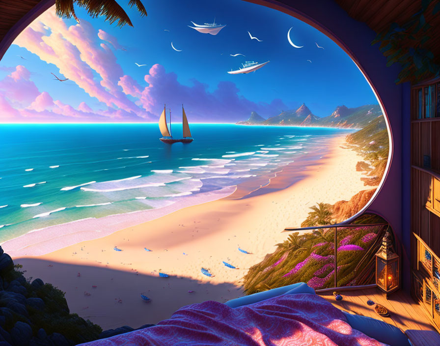 Futuristic beach view from cozy room: ocean, sandy shores, flying vehicles, sunset