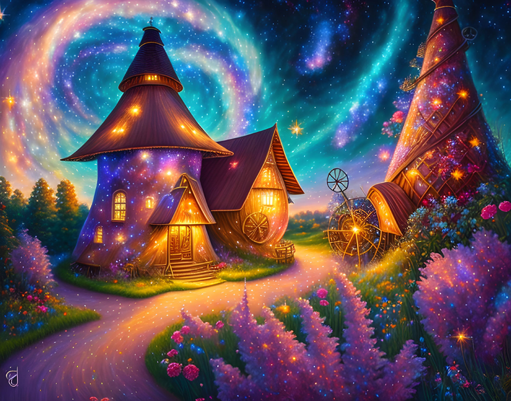 Fantastical houses in vibrant night sky with colorful flowers