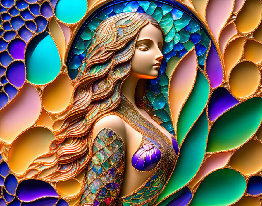 Colorful digital art: Woman with flowing hair against vibrant mosaic backdrop