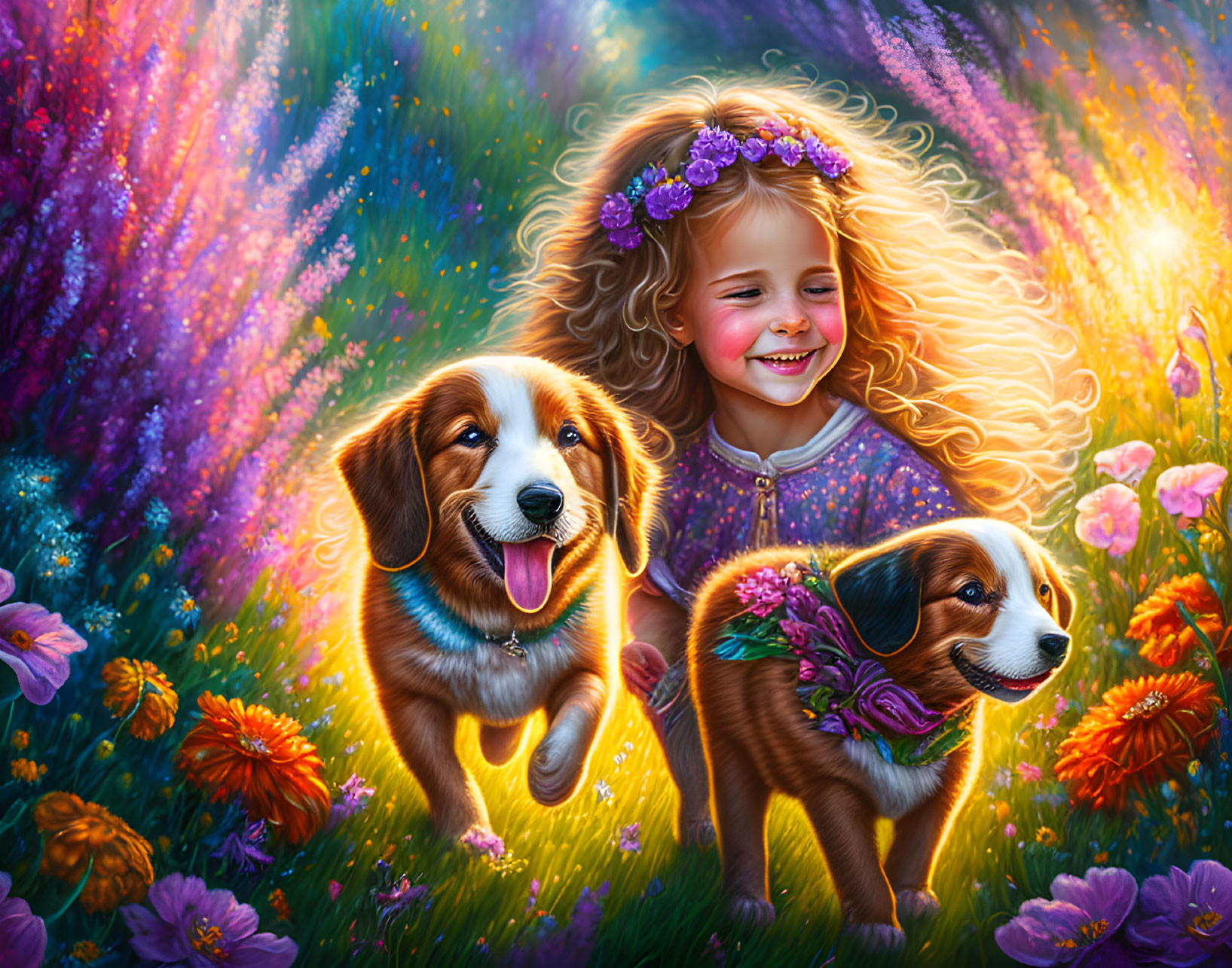 Young girl with flowers in hair plays in garden with two dogs