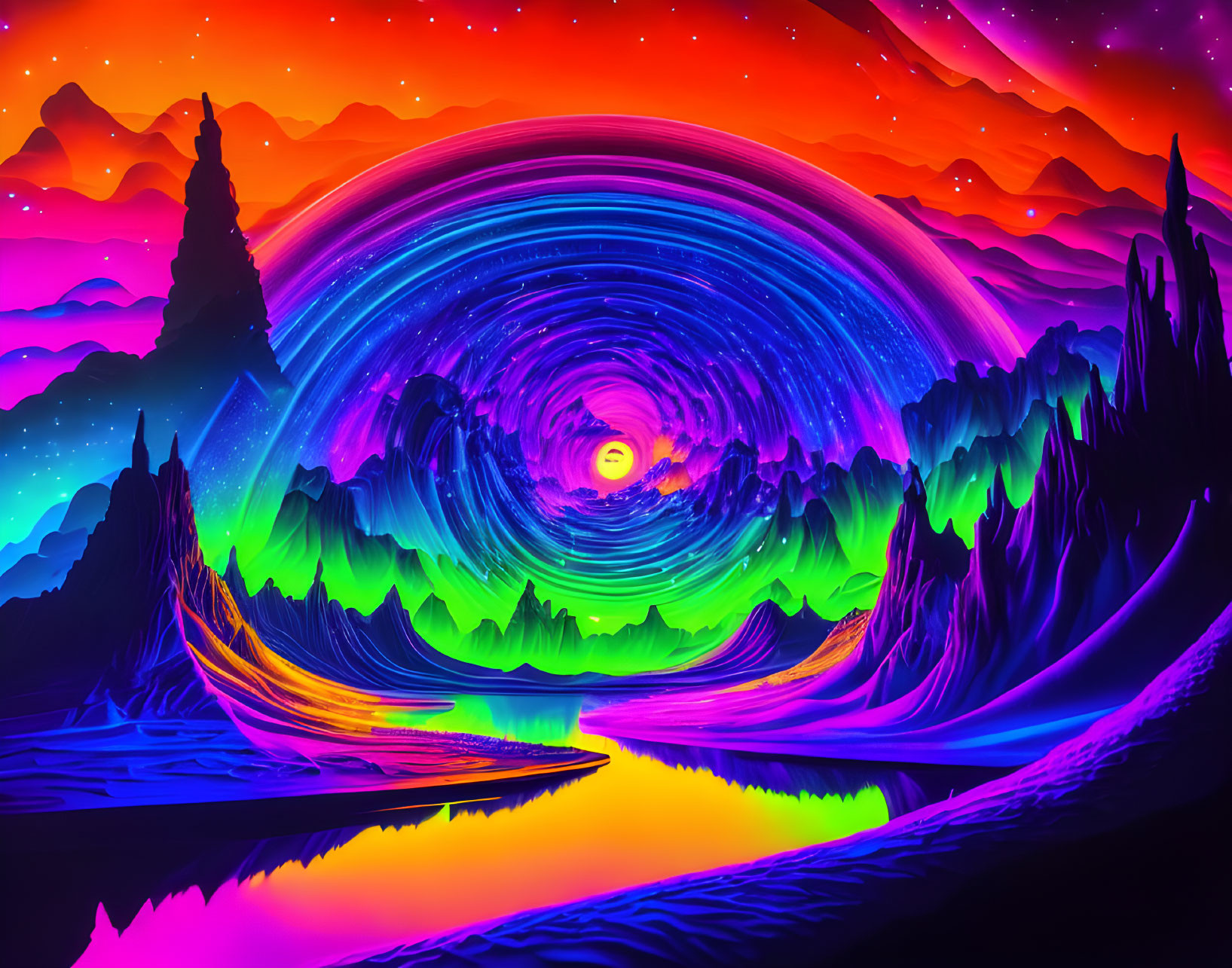 Psychedelic landscape digital artwork with neon colors & celestial skies