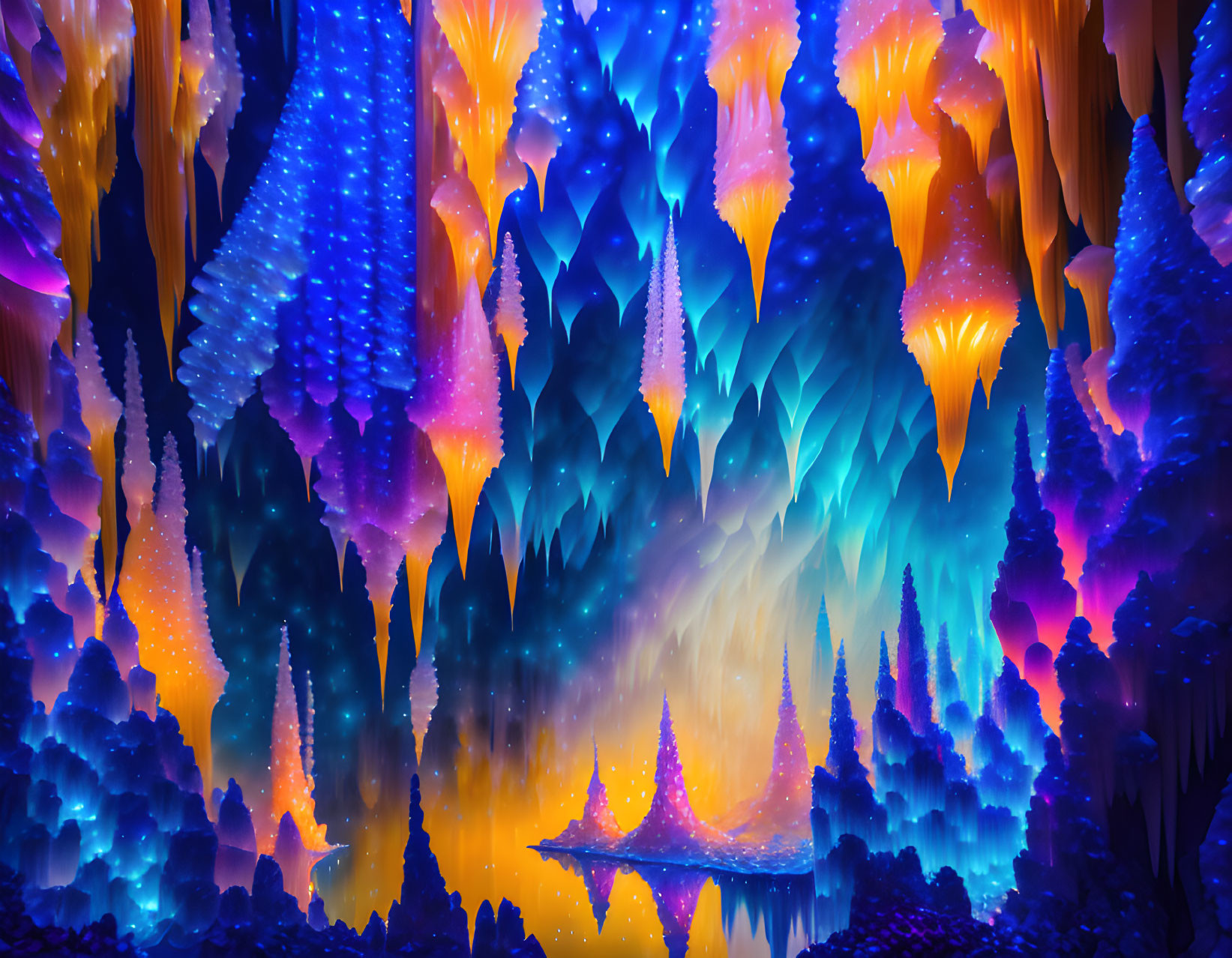 Fantasy Cave with Neon Stalactites and Stalagmites in Boat Scene